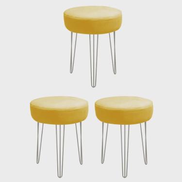 Imagem de Kit 03 Banquetas Puff Jullia Luxo 55cm Industrial Ferro Cinza Corino Amarelo - Ahazzo Móveis