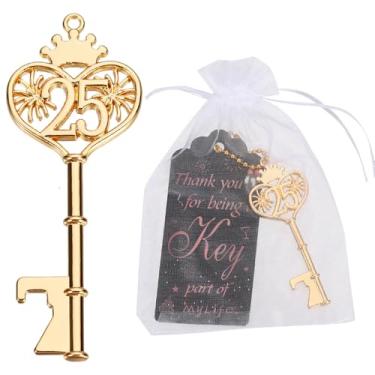 Imagem de Abridor de garrafas Golden 25th Birthday Favors Key para convidados com sacos e etiquetas de organza, chaveiro de cerveja 25 abridores de garrafas para artigos de decoração de festa de aniversário