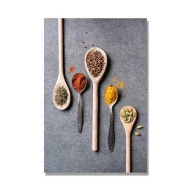 Imagem de Arte de parede colorida em tela para especiarias e colher de tempero | Decoração de cozinha vintage | Arte moderna para casa e sala de jantar (especiarias mistas 43). 30 x 45 cm-11,8 x 17,7 pol. Sem