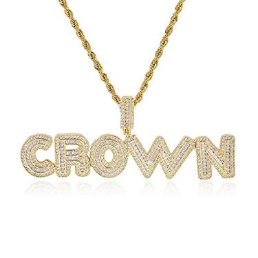 Imagem de Corrente de letras banhada a ouro 18K DIY Full CZ Bubble Letter Colar para homens e mulheres, nome personalizado, 2 a 7 peças, pingente de inicial brilhante com coroa, com corrente de corda ou