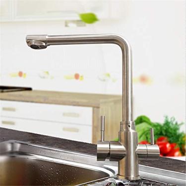 Imagem de Torneira de cozinha de aço inoxidável 304 com sete palavras com torneira de rede 3 vias com filtro, misturador de água quente e fria, torneira de pia de cozinha rotativa com alça dupla