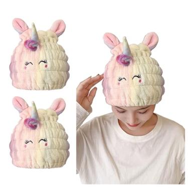 Imagem de NAWPHEKI Touca de toalha de secagem de pelos de animais para crianças, 2 peças de envoltório de cabelo seco de microfibra de unicórnio fofo, toalha de secagem de cabelo rápida absorvente para meninas