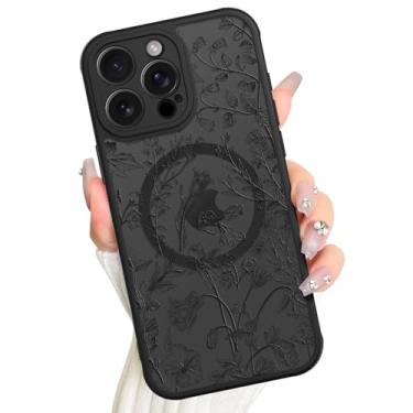 Imagem de AIGOMARA Capa magnética para iPhone 15 Pro, compatível com Magsafe linda flor preta sálvia floral padrão protetor de tela proteção de câmera fosco translúcido capa de telefone para mulheres meninas