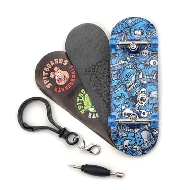 Imagem de SPITBOARDS 32 x 96 mm Fingerboard Complete Wood Set-Up Assembled, 5-Layers, Silver Trucks with Bushings and Nuts, Transparent CNC Bearing Wheels, Lasered Foam Grip Tape Blue Mummy Skulls