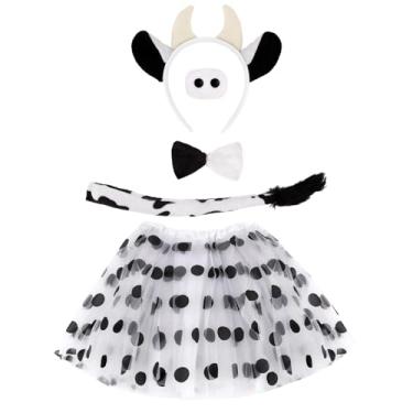 Imagem de CIEHER Conjunto de fantasia de vaca – faixa de cabeça com orelhas de vaca, laço no nariz, cauda e saia tutu de bolinhas para Halloween/aniversário/decorações de festa cosplay