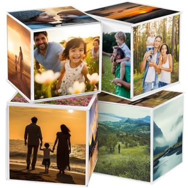 Imagem de Saillong Pacote com 4 cubos de fotos de plástico transparente com 6 lados, caixas de acrílico de 8,9 cm x 8,5 cm para exibição de mesa, porta-retrato de mesa comporta 6 fotos para decoração de casa