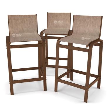 Imagem de Kit 3 Banquetas Alta Bancada Alumínio Marrom Tela Mocca