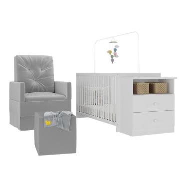 Imagem de Berço Cômoda Meu Bebê MP4102 Kit com Colchão Poltrona e Puff 2 Gavetas em MDP 166cm Branco Multimóveis