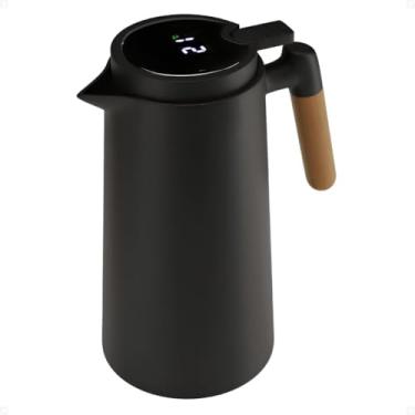 Imagem de Garrafa Térmica Nórdica 1L com Termômetro Digital LED e Cabo de Madeira Premium - Mantém Bebidas Quentes ou Frias, Design Moderno, Vácuo Duplo, Antiderrapante, Ideal para Café e Chá (Preto)