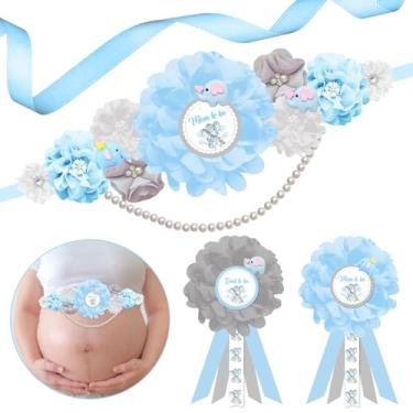 Imagem de JOYMEMO Kit De Faixa Maternidade Para Chá Bebê Com Elefante Azul E Cinza - Cinto Barriga Flores, Broches Corsage Mamãe Papai, Suprimentos Festa Gravidez Meninos