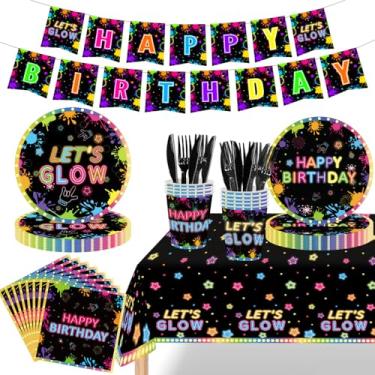 Imagem de Lousuip Artigos Para Festa Neon Let'S Glow, Decorações De Aniversário Com Talheres Descartáveis, Pratos, Guardanapos, Copos, Toalhas Mesa, Garfos E Facas No Escuro, Serve 24 Pessoas