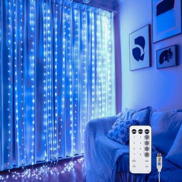 Imagem de NWLIGHT Cortina De Luzes Fada Para Quarto, 300 Leds, 9,8 X Pés, Com Controle Remoto, Cordão Luz, 8 Modos Piscar, Plug Usb, Dormitório, Fundo, Janela, Parede, Interno E Externo, Azul