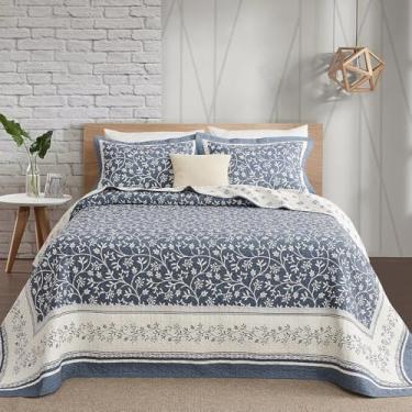 Imagem de CozyStitch Conjunto de colcha King extragrande, 100% algodão, leve e acolchoado, roupa de cama macia reversível, design floral botânico - Inclui 1 colcha (120 x 120) e 2 fronhas - azul acinzentado