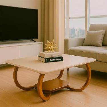 Imagem de Mesa De Centro Tampo De Vidro Laqueado Base Madeira - Gaia (Off White)