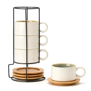 Imagem de LUKA Conjunto de 4 xícaras de café expresso empilháveis de porcelana de 170 g com pires e suporte de metal, conjunto de 4 xícaras de cappuccino de cerâmica para bebidas especiais, café com leite, café