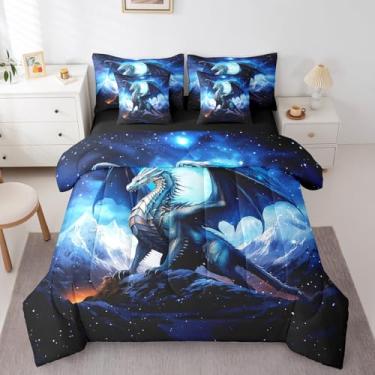 Imagem de Homewish Jogo de cama solteiro com estampa reversível de dragão, montanha, neve, animal selvagem, azul e reversível + lençol de cima + lençol com elástico + 2 fronhas + 2 fronhas