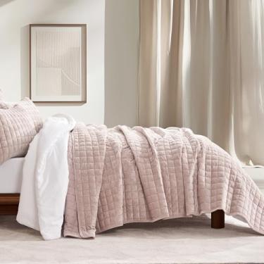 Imagem de Conjunto de cama de veludo luxuoso RECYCO solteiro GG, edredom de veludo ultramacio, colcha grande acolchoada leve com ponto caixa para todas as estações, com 1 fronhas, rosa rosé