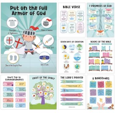 Imagem de 9 peças de pôsteres bíblicos para crianças, 28 x 35,5 cm, decorações de escola dominical laminadas para sala de aula, pôster de versículo de livros da Bíblia, 10 mandamentos, frutas do espírito e