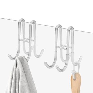 Imagem de Sekonow Pacote com 2 ganchos de toalha dupla face para porta de chuveiro, aço inoxidável 304, ganchos de porta de vidro sem moldura para banheiro para barbeador de roupão de bucha, prata