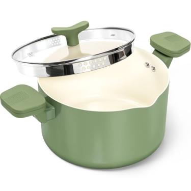 Imagem de MICHELANGELO Panela de macarrão com tampa de coador – Panela de cozinha de 6 litros com tampa, panela de espaguete antiaderente revestida de cerâmica com alças torcidas e travadas para facilitar a