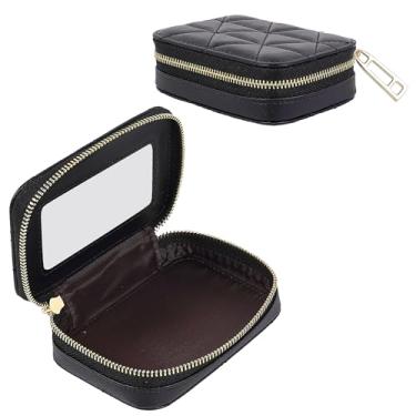 Imagem de BUNCHBRAVO Suporte de batom com espelho para bolsa, estojo de maquiagem de couro legítimo, organizador compacto de cosméticos de viagem com zíper, preto