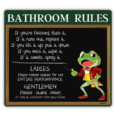 Imagem de Venicor Placa de decoração de banheiro sapo - 30,5 x 33 cm - Alumínio - Arte de parede com regras divertidas de banheiro - Presentes de sapo para amantes de sapo - Decoração de tapete para decoração de casa de sapo, pôster de bolo