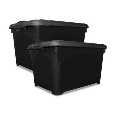 Imagem de Kit 2 Caixas Organizadoras Preta 95L Com Trava e Rodinha - INJEPLASTEC