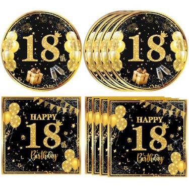 Imagem de DURYGEN 40 Peças Decorações De Feliz Aniversário 18 Anos Preto E Dourado Pratos Lembrancinhas Festa Guardanapos Para Meninos Meninas Suprimentos