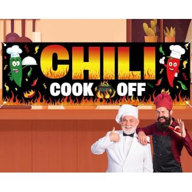 Imagem de QOUBAI Banner de decorações Chili Cook Off 71 x 24 polegadas Red Hot Chili Pepper Contest Banner Chili Cook Off Prêmios do festival para festa mexicana Concurso de culinária de chili Chili Cook Off