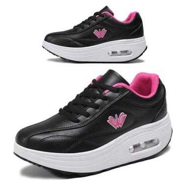 Imagem de RUIDENG Tênis de plataforma feminino com almofada de ar | Sapatos de caminhada femininos confortáveis o dia todo | Parte inferior grossa, Preto e rosa 8185, 37