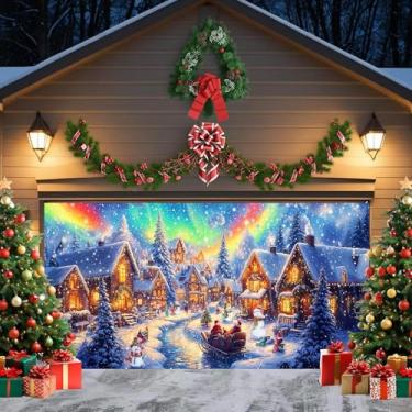 Imagem de Capa de porta de garagem de vila natalina colorida de inverno com pinheiro, Papai Noel, Natal, fantasia, desenho animado, conto de fadas, decoração de festa infantil, capa de faixa interna