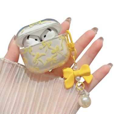 Imagem de MINSCOSE Capa transparente compatível com AirPods 4, capa de fone de ouvido linda flor com chaveiro floral, capa protetora de TPU transparente macio para AirPod 4 para meninas e mulheres - amarelo