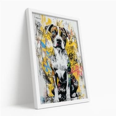 Imagem de Quadro Decorativo Cachorro PItBull Grafite Estilo Urbano Colorido Pet Arte Moderna Rua Street Pit Bull Art Descolado Criativo Com Moldura