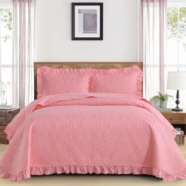 Imagem de Conjunto de colcha tamanho queen rosa, conjunto de cama com 3 peças de babados – Colchas leves e cobertores, capa de cama para todas as estações, use decoração de cama