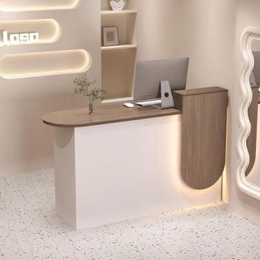 Imagem de Balcão De Recepção Com Luzes Led E Gaveta Trancável Balcão De Varejo Recepção Recepção Sala De Recepção Mesa Para Checkout Escritório Salão De B, Oak Color + White (Left High), 39.4"x19.7"x33.5"