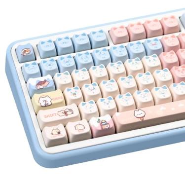 Imagem de COOMICKEY Teclas PBT, teclas Cat 60 65 75 100 por cento, teclas personalizadas por sublimação de tinta, conjunto de 140 teclas rosa e azul, perfil Mao para teclado Cherry Gateron MX Switche