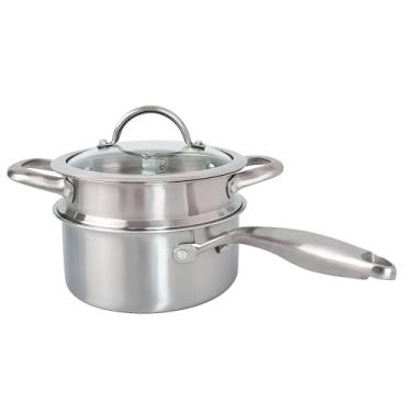 Imagem de Panela de aço inoxidável de 1,5 litros com cesta de vaporizador, estrutura de três camadas 18/10, panela versátil com tampa de vidro - perfeita para cozinhar gravies. Massas, vegetais e muito mais