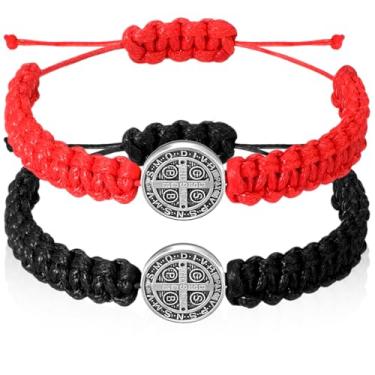 Imagem de Fumete 2 pulseiras católicas presentes de medalha de São Bento pulseiras de cordão ajustáveis presentes religiosos para homens mulheres aniversário feriado, 14 mm/ 0.55 inches, corda e liga de
