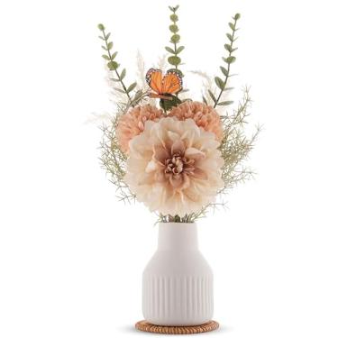 Imagem de Flores falsas em vaso, decoração de mesa de centro de 35 cm, arranjos de flores de seda com vaso de cerâmica, dália, crisântemo, flores artificiais, decorações de borboleta para sala de jantar