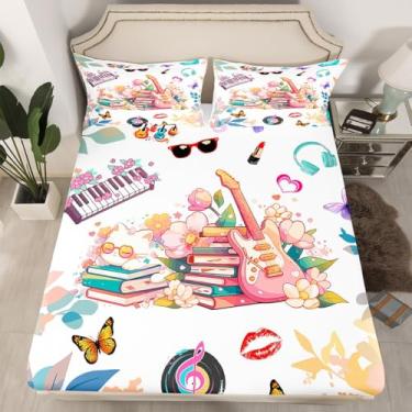 Imagem de Erosebridal Jogo de lençol solteiro com tema de música, guitarra, borboletas, floral, presente para fãs de cantores, estilo moderno, com desenho de gato, álbum, discos, lençol com elástico, 1 fronha