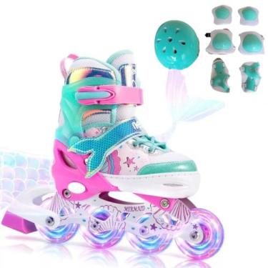 Imagem de Patins Inline Infantil Roxo Sereia Com Protecao Roller De 4 Rodas Reto