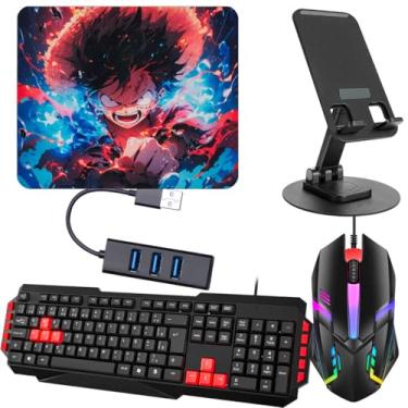 Imagem de Kit Mobilador Teclado Com Teclas Destacadas Vermelha + Mouse Led 7 Cores + Pad Speed + Suporte de Celular (OTG TIPO C)