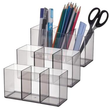 Imagem de PH PandaHall 3 porta-lápis para mesa, organizador de três grades, organizador de pincéis de maquiagem, preto, suporte de armazenamento de pincéis de cosméticos, acessório de mesa multifuncional para