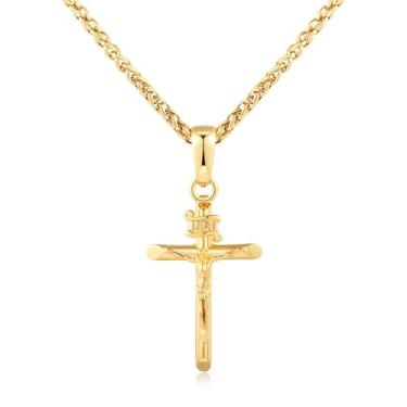 Imagem de Colar de cruz crucifixo para homens e mulheres, pingente de diamante baguete gelado - Corrente de 2,5 mm banhada a ouro 18 k Hip Hop Bling, Medium, Aço inoxidável, Zircônia cúbica 5A