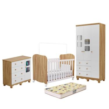 Imagem de Dormitório Uli Guarda Roupa 3 Portas, Cômoda e Berço com Colchão Supreme - Móveis Peroba
