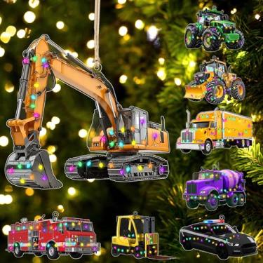 Imagem de Enfeite de construção de escavadeira de Natal com nome faça você mesmo, caminhão de bombeiros, carro de polícia, escavadeira, misturador, trator, empilhadeira, veículo de construção, conjunto de 8