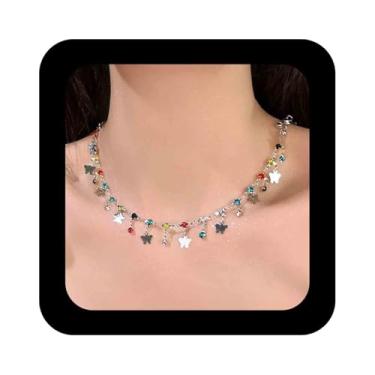 Imagem de Aneneiceera Boho Colar gargantilha de cristal colorido prata pequena borboleta colar pingente pequeno arco-íris strass colares pendentes multi cor CZ Dot colar corrente joia para mulheres