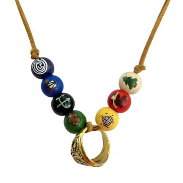 Imagem de PPX Colar olímpico de semideus de contas de madeira pintadas com cordão marrom com anel universitário do pai