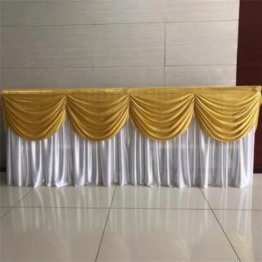 Imagem de Saia de mesa longa opcional de seda gelada de 10/20 pés, saia de mesa plissada colorida com babados e swag para decoração de mesa de buffet de aniversário e casamento, branca e dourada, A75 x L600 cm
