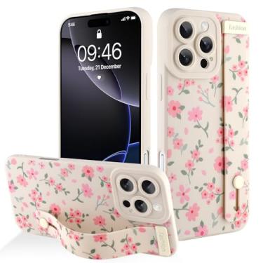 Imagem de AIGOMARA Capa para iPhone 16 Pro Max com alça para mulheres e meninas, linda estampa floral rosa, capa protetora de silicone com suporte de faixa macia, branca